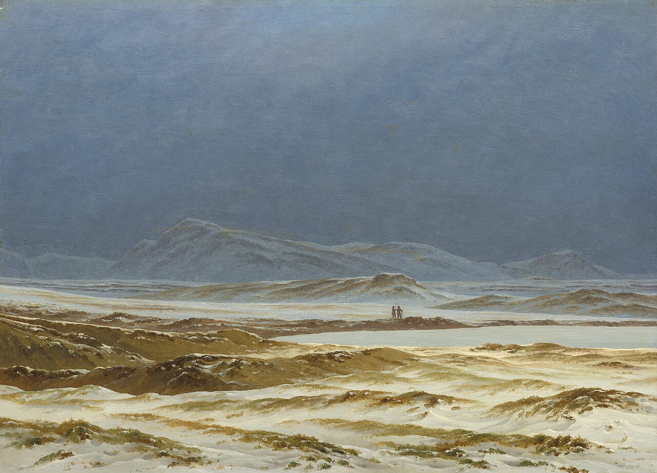 Caspar David Friedrich's Northern Landscape, Spring, a snowy landscape beneath a cold sky